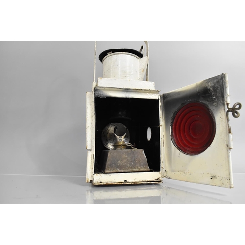 113 - A White Painted Railway Tall Lamp with Red Bullseye Glass Lens, With Burner, 52cms High