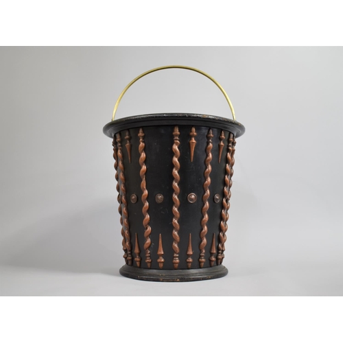 66 - A 19th Century Ebonised Peat Bucket of Tapering Form with Turned Roundels and Half Spirals, Brass Ha... 