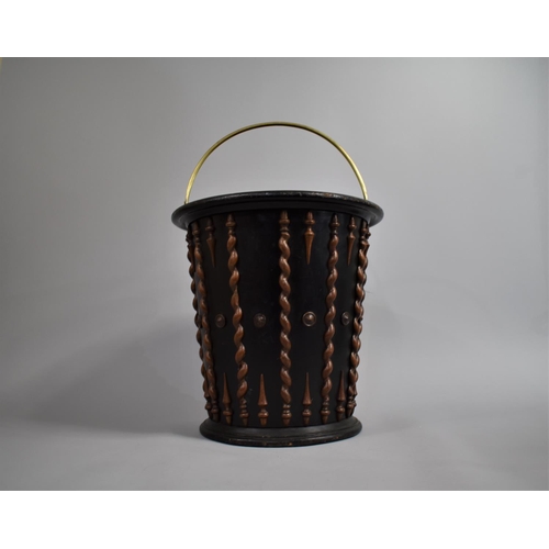 66 - A 19th Century Ebonised Peat Bucket of Tapering Form with Turned Roundels and Half Spirals, Brass Ha... 