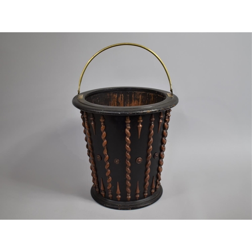 66 - A 19th Century Ebonised Peat Bucket of Tapering Form with Turned Roundels and Half Spirals, Brass Ha... 