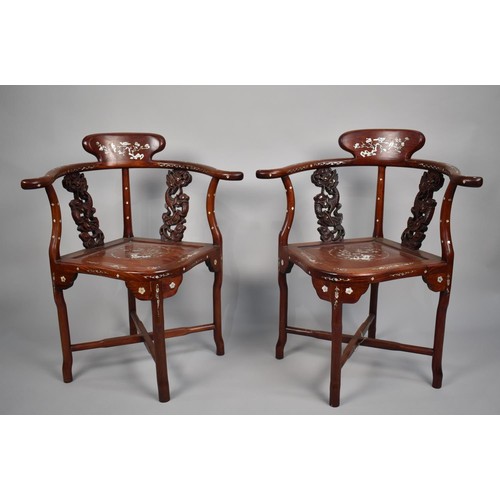 263 - A Pair of Chinese Hardwood and Inlaid Mother of Pearl Slat Back Corner Chairs, Raised on Turned Supp... 