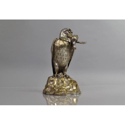 223 - A Cast Metal Silver Plated Novelty Desk Top Inkwell in the Form of a Bird of Prey with Kill, Hinged ... 