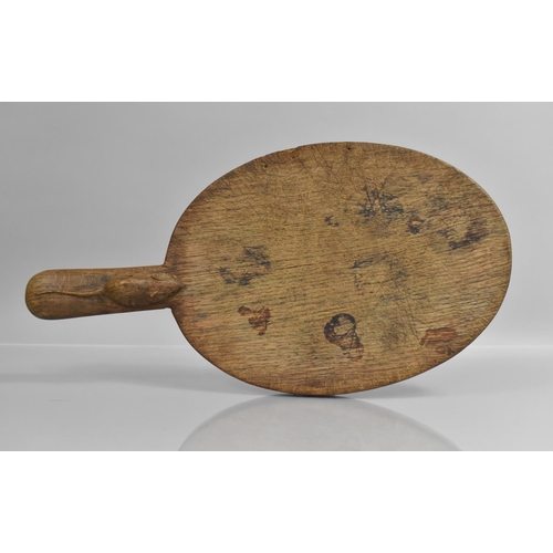 74 - An Oak Mouseman Cheese Board, Robert Thompson of Kilburn (1876-1955) Having Carved Handle with Signa... 