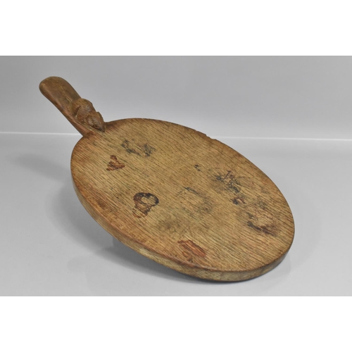 74 - An Oak Mouseman Cheese Board, Robert Thompson of Kilburn (1876-1955) Having Carved Handle with Signa... 