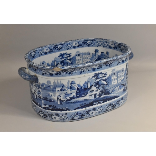 395 - A 19th Century Blue and White Transfer Printed Footbath of Oval Form with Loop Handles having County... 