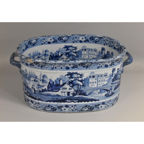 395 - A 19th Century Blue and White Transfer Printed Footbath of Oval Form with Loop Handles having County... 