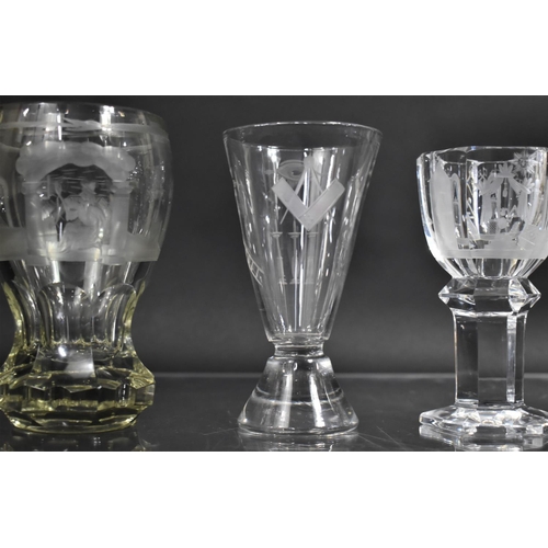 262 - A Collection of Various Masonic Glass Vases, All with Etched Symbols and Decoration