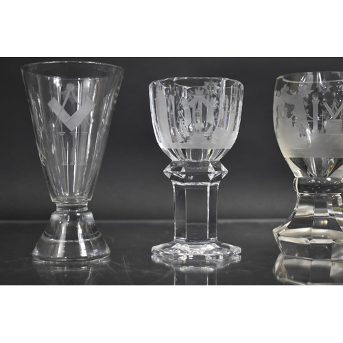 262 - A Collection of Various Masonic Glass Vases, All with Etched Symbols and Decoration