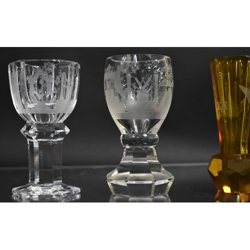 262 - A Collection of Various Masonic Glass Vases, All with Etched Symbols and Decoration