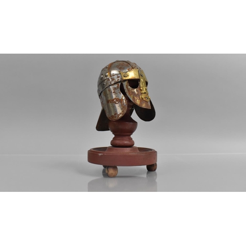 146 - An Interesting Souvenir Miniature Metal Model of the Sutton Hoo Saxon Helmet, Mounted on a Turned Wo... 