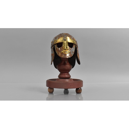 146 - An Interesting Souvenir Miniature Metal Model of the Sutton Hoo Saxon Helmet, Mounted on a Turned Wo... 