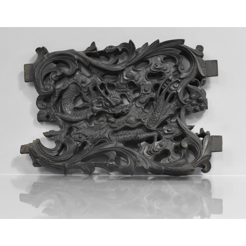 267 - A Chinese Carved Wooden Panel from Stand or Chair, Dragon with Flaming Pearl, 32x22cms