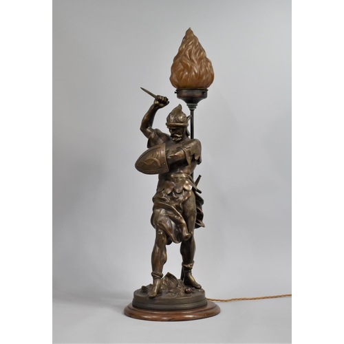 154 - A Large Bronzed Spelter Figural Lamp in the Form of Crusader Signed 'Detrier', Complete with Glass S... 