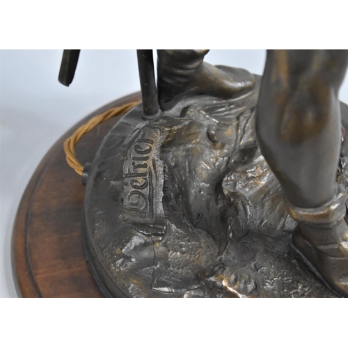 154 - A Large Bronzed Spelter Figural Lamp in the Form of Crusader Signed 'Detrier', Complete with Glass S... 