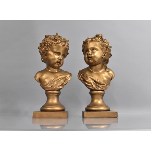 153 - A Pair of Cast Gilt Spelter Busts of Classical Children on the Square Plinth Bases, Signed, 31cms Hi... 