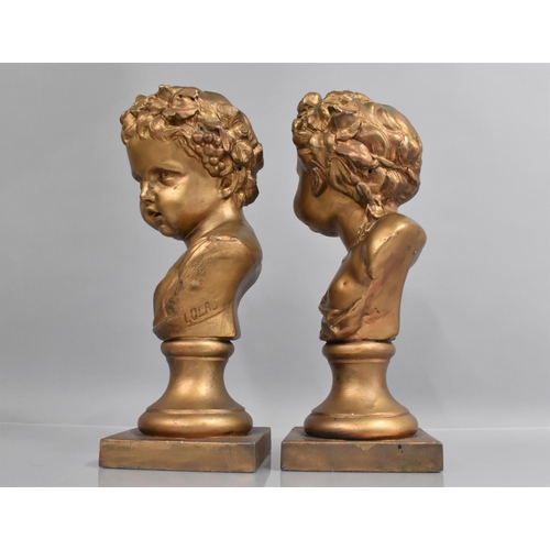 153 - A Pair of Cast Gilt Spelter Busts of Classical Children on the Square Plinth Bases, Signed, 31cms Hi... 