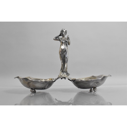 224 - A WMF Style Art Nouveau Silver Plated Figural Mounted Double Dish, The Centre with Maiden having Mir... 