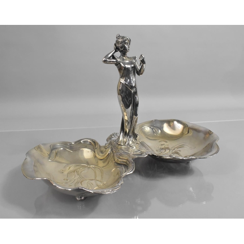 224 - A WMF Style Art Nouveau Silver Plated Figural Mounted Double Dish, The Centre with Maiden having Mir... 