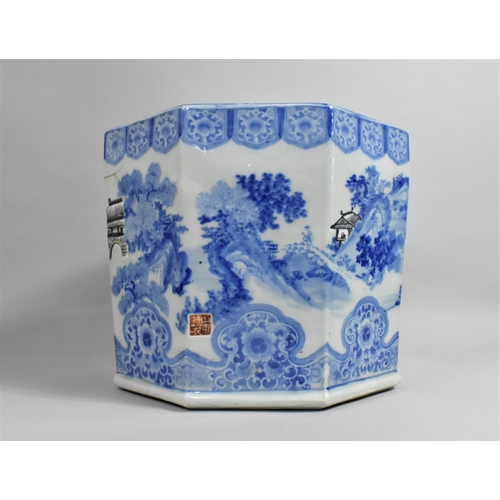 351 - A Large Chinese Blue and White Hexagonal Planter Decorated with River Village Scene, Red Seal mark t... 