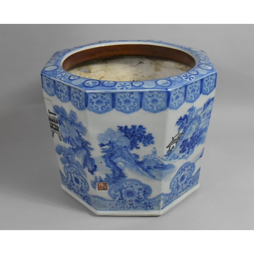 351 - A Large Chinese Blue and White Hexagonal Planter Decorated with River Village Scene, Red Seal mark t... 