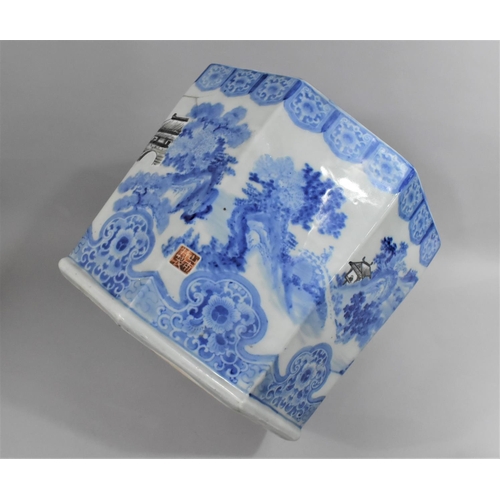 351 - A Large Chinese Blue and White Hexagonal Planter Decorated with River Village Scene, Red Seal mark t... 