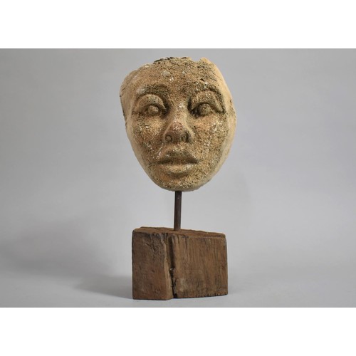 90 - A Sculpted Plaster Life Size Human Face Mounted on an Oak Plinth, 34cms High