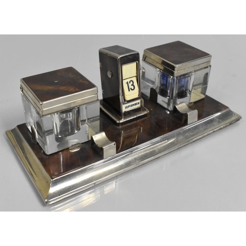 75 - An Art Deco Chrome and Faux Tortoiseshell Desktop Calendar Ink stand with Two Inkwells Either Side C... 