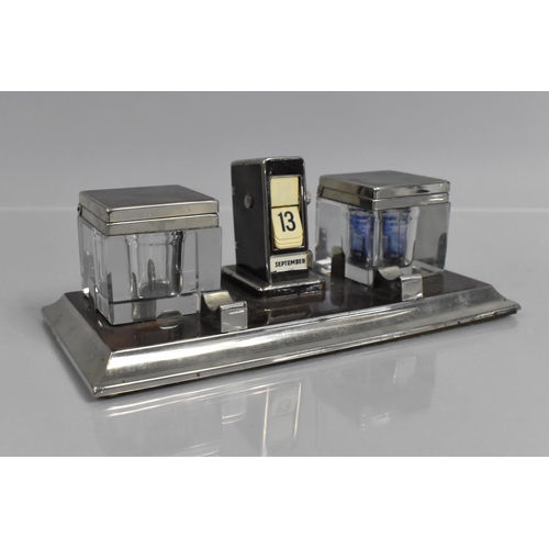 75 - An Art Deco Chrome and Faux Tortoiseshell Desktop Calendar Ink stand with Two Inkwells Either Side C... 