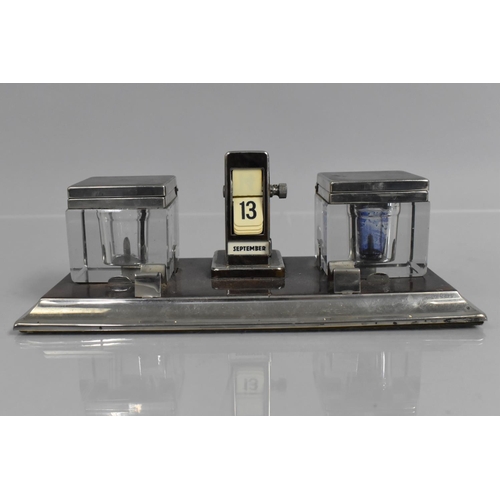 75 - An Art Deco Chrome and Faux Tortoiseshell Desktop Calendar Ink stand with Two Inkwells Either Side C... 