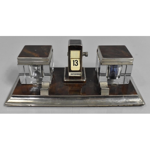 75 - An Art Deco Chrome and Faux Tortoiseshell Desktop Calendar Ink stand with Two Inkwells Either Side C... 