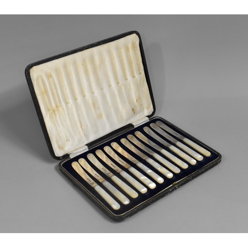 247 - A Cased Set of Twelve Silver Bladed and Mother of Pearl Butter Knives, Sheffield 1923 by Hawksworth,... 