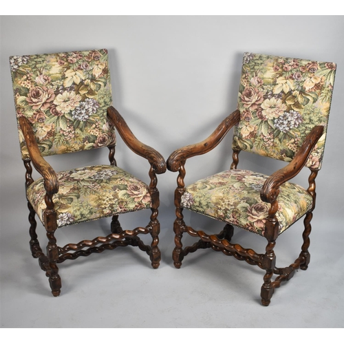 460 - A Pair of 18th Century Style Walnut Framed Upholstered Armchairs with Acanthus Carving and Scrolling... 