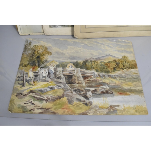 196 - A Folio of 19th Century Artwork, Mainly Watercolour Landscapes