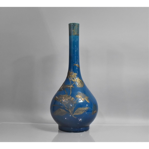 368 - A Large Japanese Blue Monochrome Glazed Bottle Vase with Applied Decoration Depicting Birds in Fligh... 