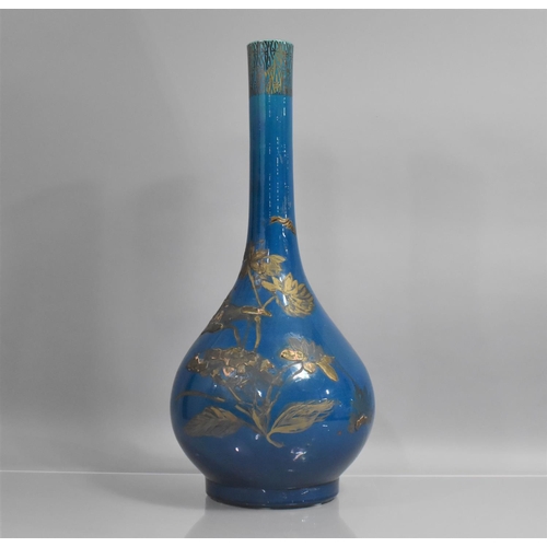 368 - A Large Japanese Blue Monochrome Glazed Bottle Vase with Applied Decoration Depicting Birds in Fligh... 