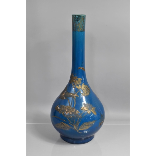 368 - A Large Japanese Blue Monochrome Glazed Bottle Vase with Applied Decoration Depicting Birds in Fligh... 