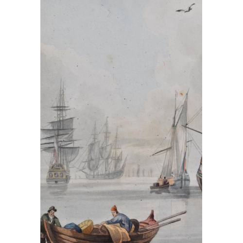 111 - A Small Mounted but Unframed Continental Watercolour Depicting French Tall Ships and Fishing Barges,... 