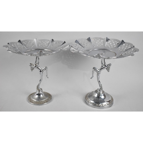 130 - A Near Pair of Chromed Figural Table Stands with Pierced Bowls, 22cms Diameter