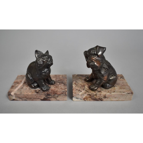 204 - A Pair of Art Deco Spelter Bookends, Cat and Dog Set on Rectangular Plinth Bases, 12cm high