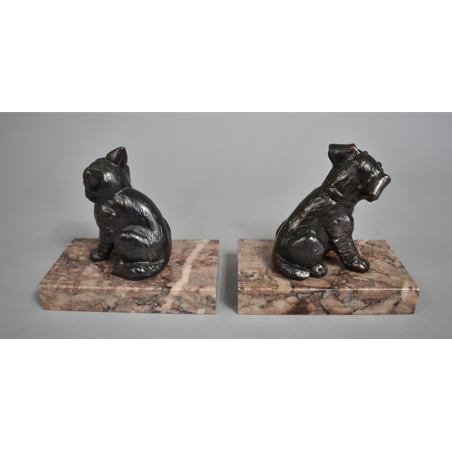 204 - A Pair of Art Deco Spelter Bookends, Cat and Dog Set on Rectangular Plinth Bases, 12cm high