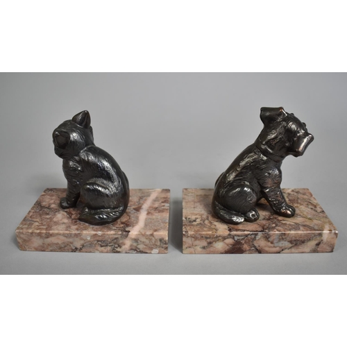 204 - A Pair of Art Deco Spelter Bookends, Cat and Dog Set on Rectangular Plinth Bases, 12cm high