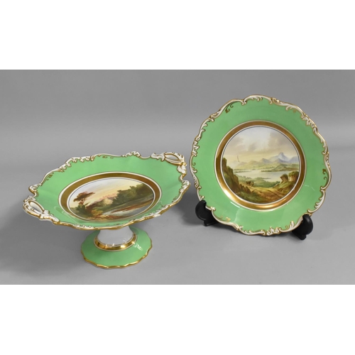 348 - A Late 19th Century Porcelain Comport with Handpainted Central Cartouche of Tivoli Italy on Green Gr... 