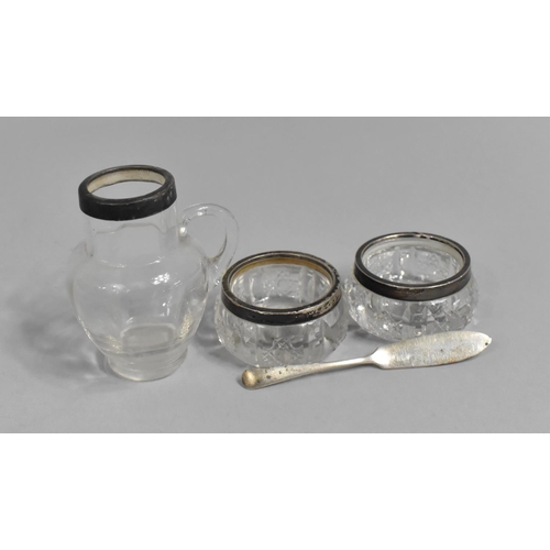 370 - Two Silver Rimmed Glass Salt Together with a Silver Rimmed Noggin Jug and a Small Butter Knife