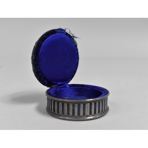 372 - A Silver Mounted Ring Box of Circular Form with Hinged Pin Cushion Lid, Pierced Body and Blue Velvet... 