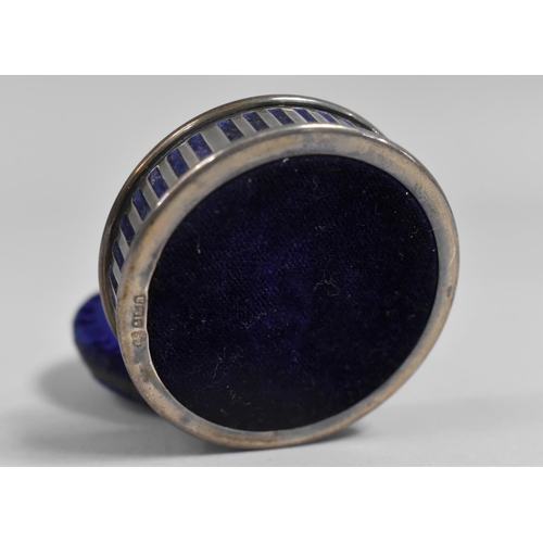 372 - A Silver Mounted Ring Box of Circular Form with Hinged Pin Cushion Lid, Pierced Body and Blue Velvet... 