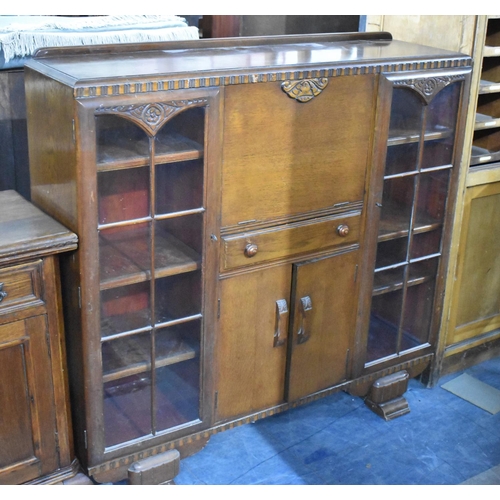 445 - An Early/Mid 20th Century Oak Hall Bureau Side by Side Unit with Centre Pull Down Front Revealing In... 