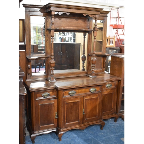 446 - A Late Victorian Mirror Back Sideboard, Cupboard Base with Centre Long and Two Short Drawers, Raised... 