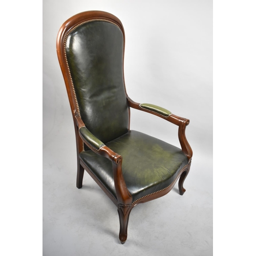 454 - A Mahogany Framed Balloon Backed Armchair with Green Leather Upholstery Having Studded Trim