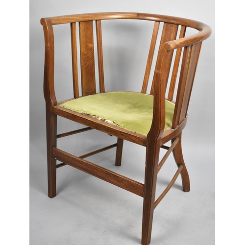 455 - An Edwardian String Inlaid Tub Chair, Stretcher Supports Under