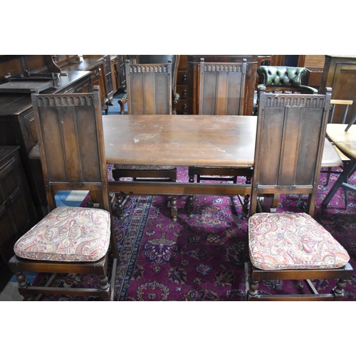 458 - An Oak Ercol Style Refectory Dining Table Together with a Set of Four Panelled Back Dining Chairs, T... 